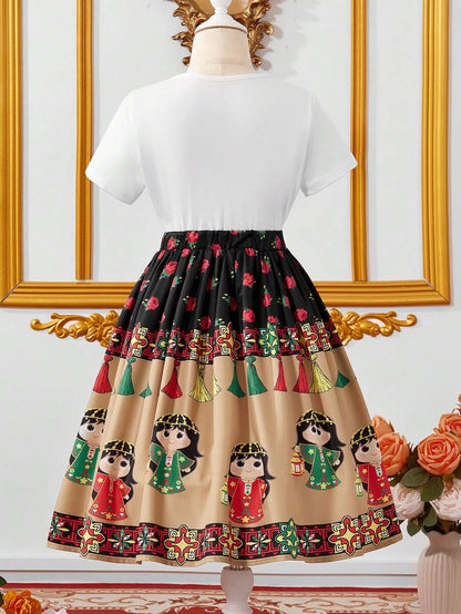 طقم تي شيرت كم قصير وتنورة قصيرة للفتاة بتصميم بسيط،