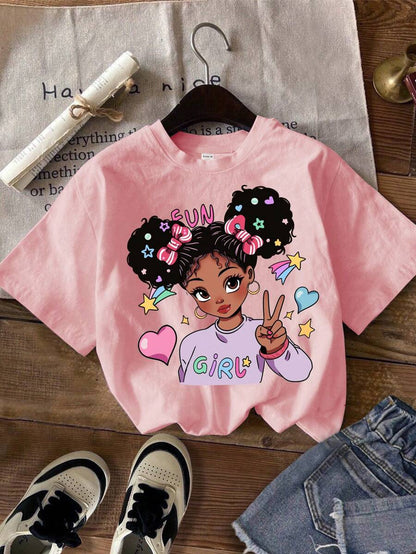 تيشيرتات البنات الكرتونية القصيرة الأكمام بطبعات كرتونية