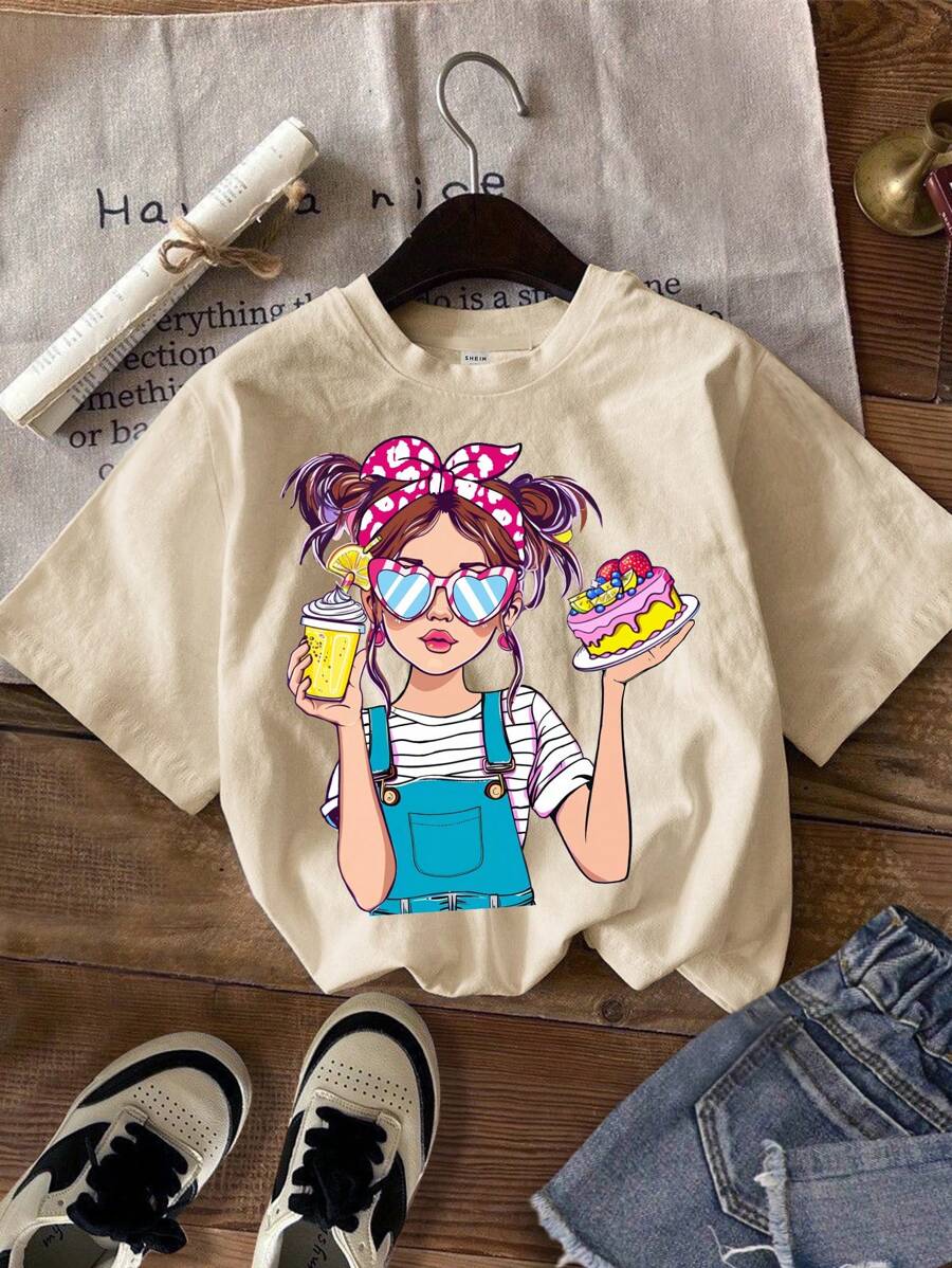 تيشيرتات البنات الكرتونية القصيرة الأكمام بطبعات كرتونية