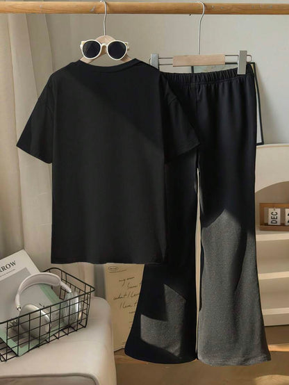 مجموعة تي شيرت أكمام قصير بياقة مستديرة وبنطلون
