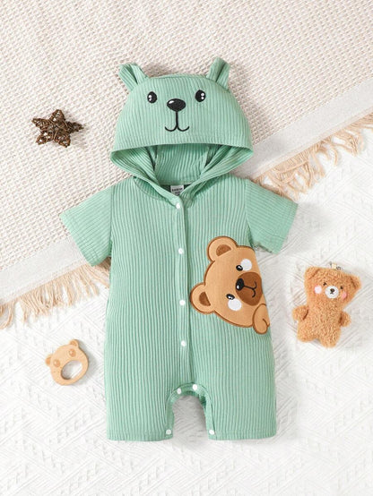 بدلة رومبير للرضع مطرزة برسوم الدب الكرتوني مزودة بقبعة