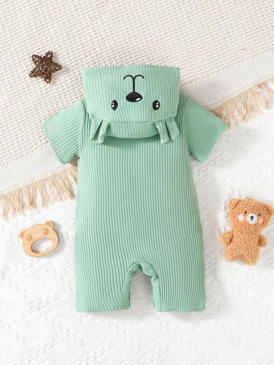 بدلة رومبير للرضع مطرزة برسوم الدب الكرتوني مزودة بقبعة