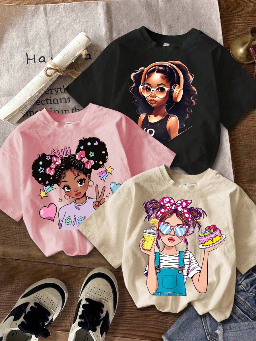 مجموعة 3 قطع من تيشيرتات البنات الكرتونية القصيرة الأكمام