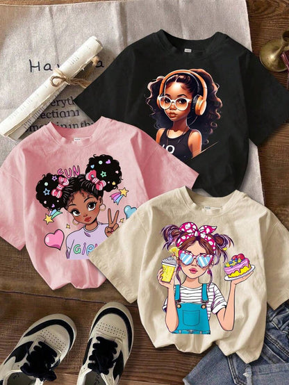 مجموعة 3 قطع من تيشيرتات البنات الكرتونية القصيرة الأكمام