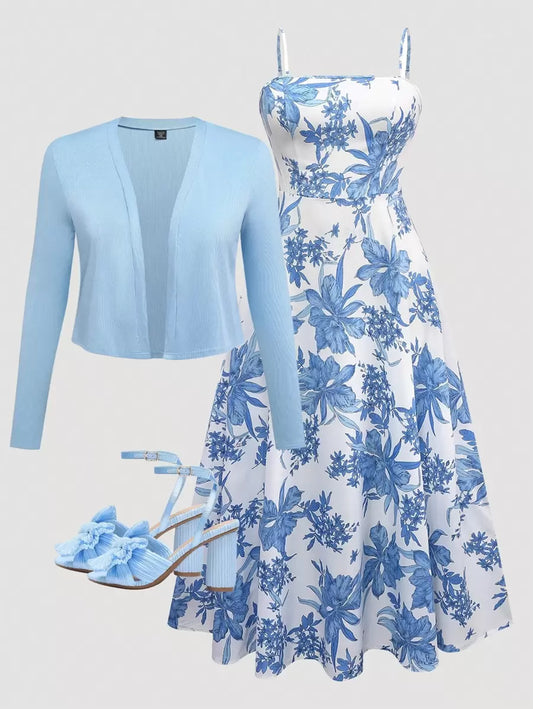 زوج (قطعتان) من ملابس المرأة البدينة تتكون من: بلوزة بسحّابة أماميّة وأكمام طويلة بلون واحد، وفستان كامي