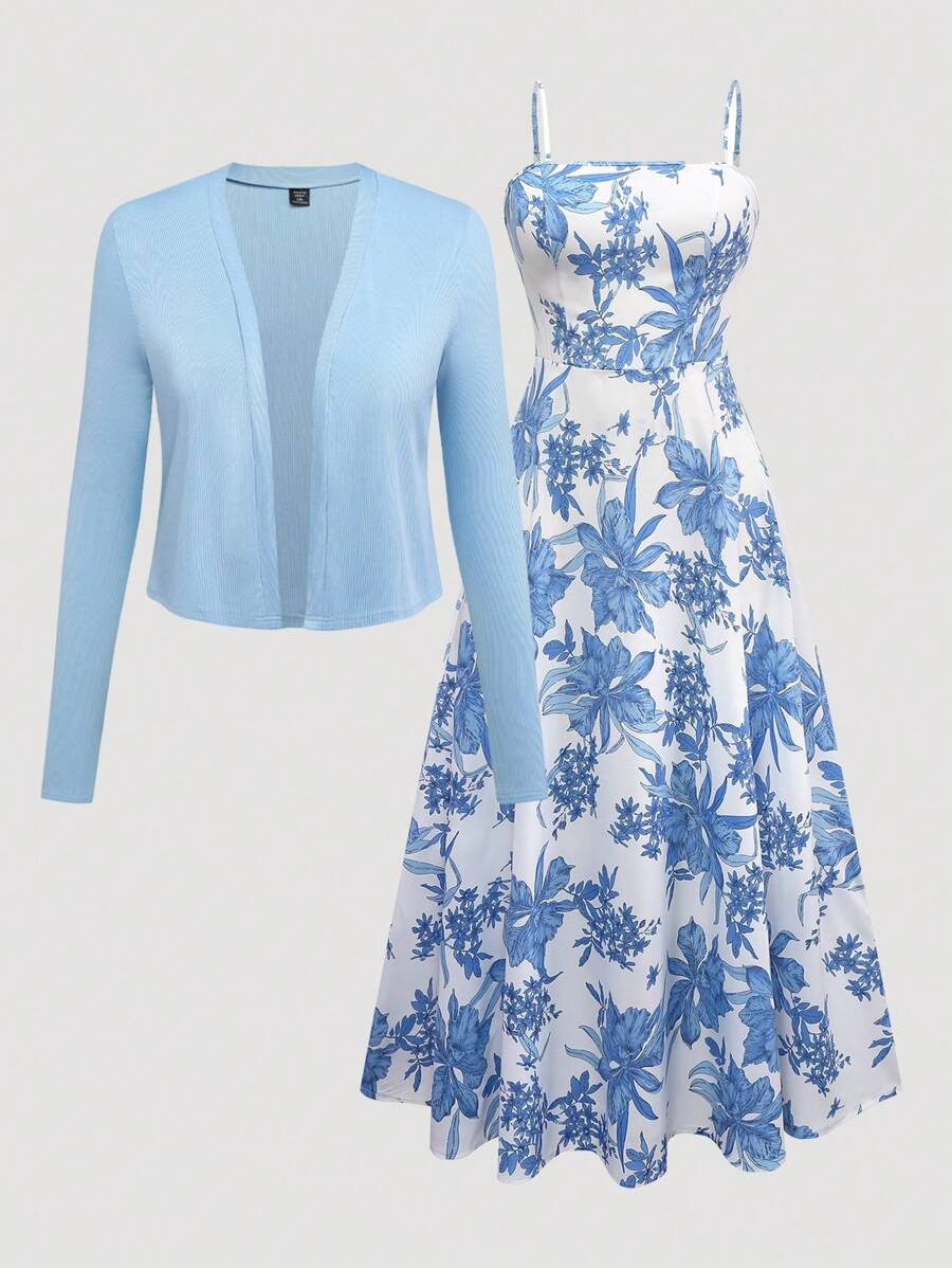 زوج (قطعتان) من ملابس المرأة البدينة تتكون من: بلوزة بسحّابة أماميّة وأكمام طويلة بلون واحد، وفستان كامي