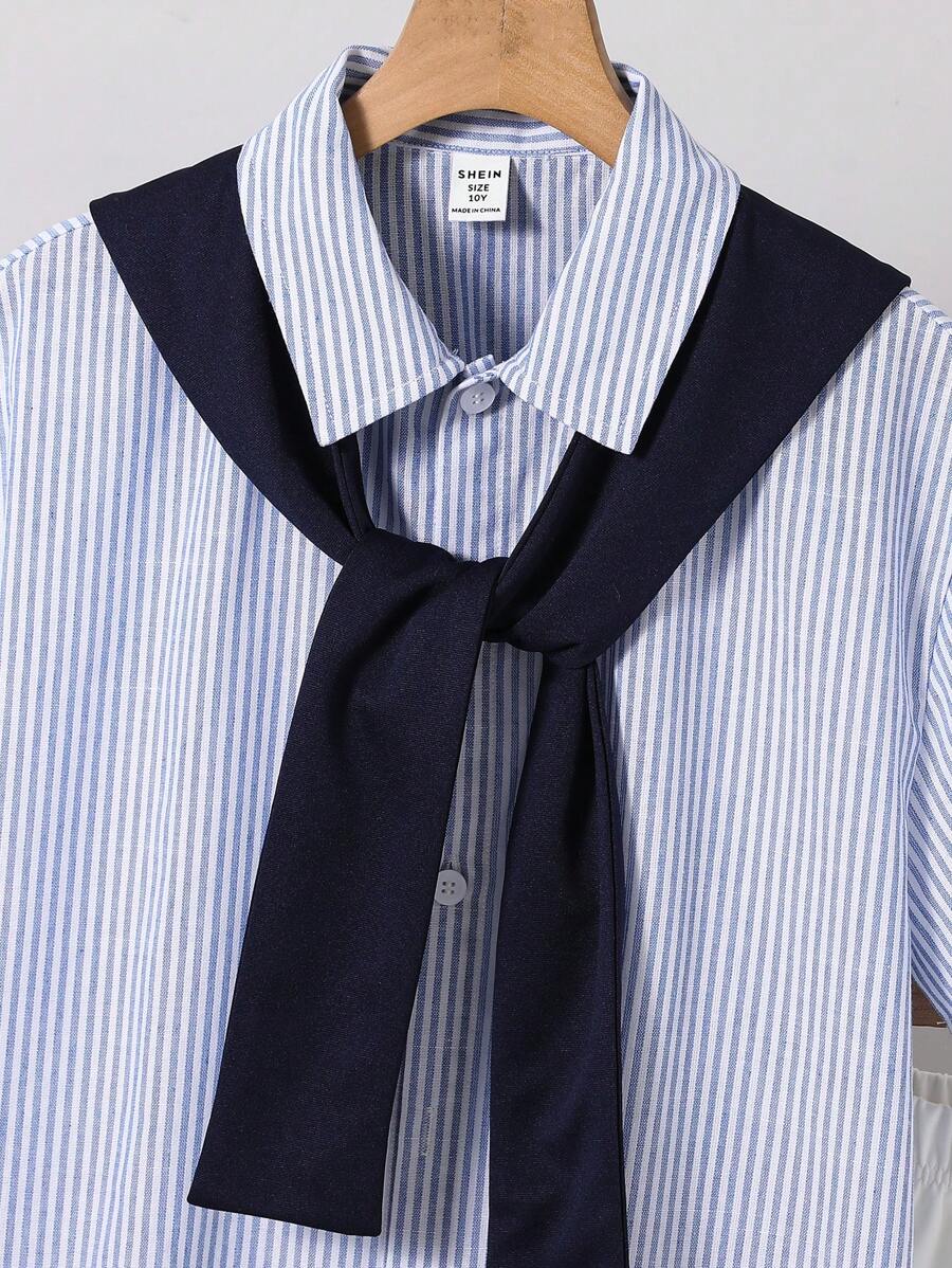 مجموعة 3 قطع للأولاد المراهقين بقميص مخطط بياقة شال وشورت بلون سادة، بأكمام قصيرة