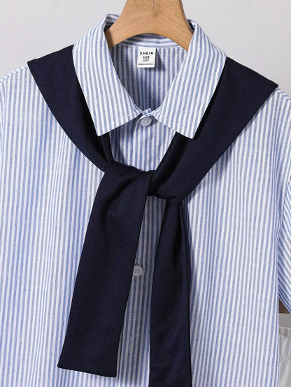 مجموعة 3 قطع للأولاد المراهقين بقميص مخطط بياقة شال وشورت بلون سادة، بأكمام قصيرة