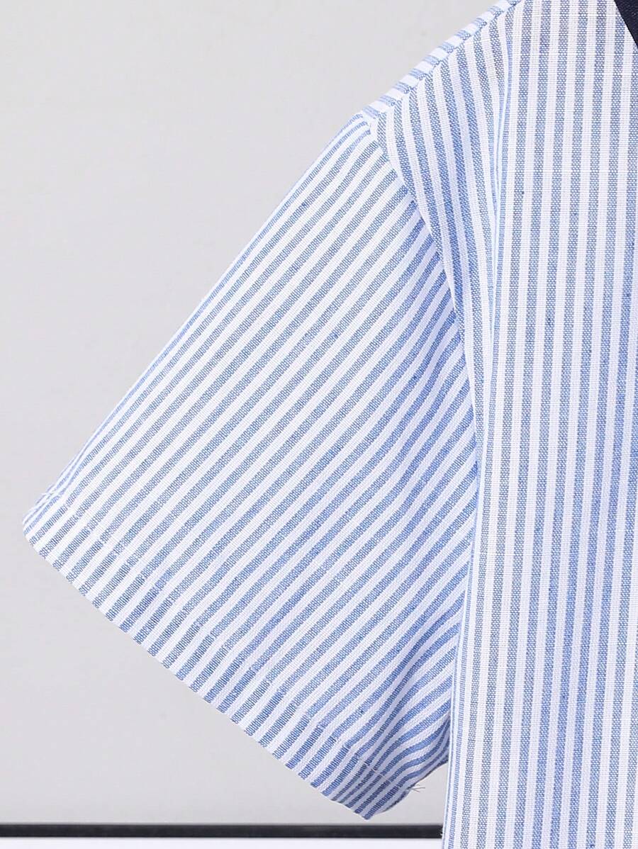 مجموعة 3 قطع للأولاد المراهقين بقميص مخطط بياقة شال وشورت بلون سادة، بأكمام قصيرة