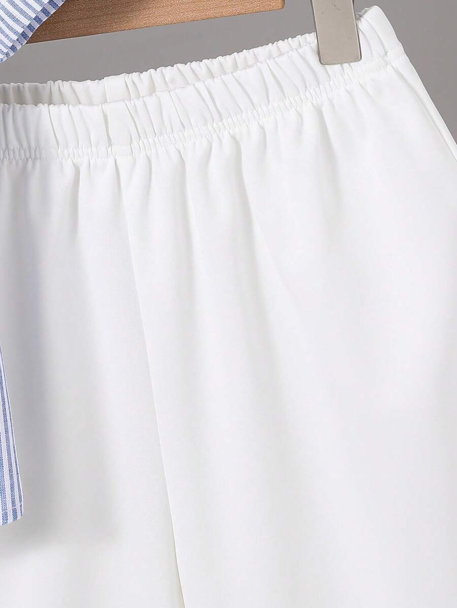 مجموعة 3 قطع للأولاد المراهقين بقميص مخطط بياقة شال وشورت بلون سادة، بأكمام قصيرة