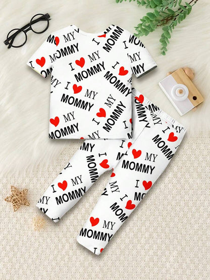 مجموعة بنطال ولباس علوي قصير الأكمام مرن راحة محبوك بنقشة