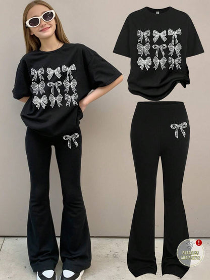 بلوزة بأكمام قصيرة فضفاضة مع بنطلون مطرز متموج قطعتان