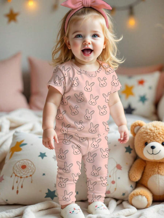 بدلة بنطلون و تي شيرت وردي مطبوع عليه أرنب