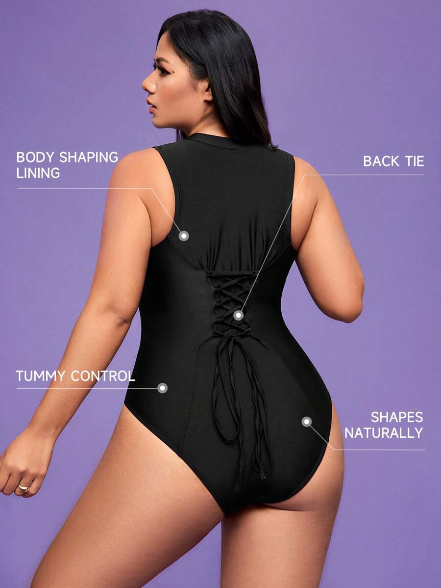 ملابس سباحة من قطعة واحدة للنساء ذوات الحجم الكبير مع سحّاب في الظهر وأربطة قابلة للتعديل