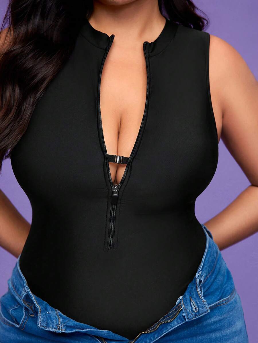 ملابس سباحة من قطعة واحدة للنساء ذوات الحجم الكبير مع سحّاب في الظهر وأربطة قابلة للتعديل