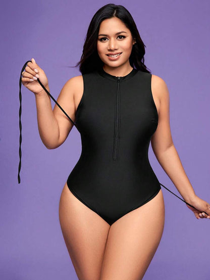 ملابس سباحة من قطعة واحدة للنساء ذوات الحجم الكبير مع سحّاب في الظهر وأربطة قابلة للتعديل