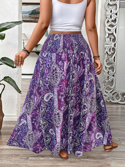 تنورة ماكسي للنساء البدينات بطبعة زهرية وباهيّة متدرجة الأطراف
