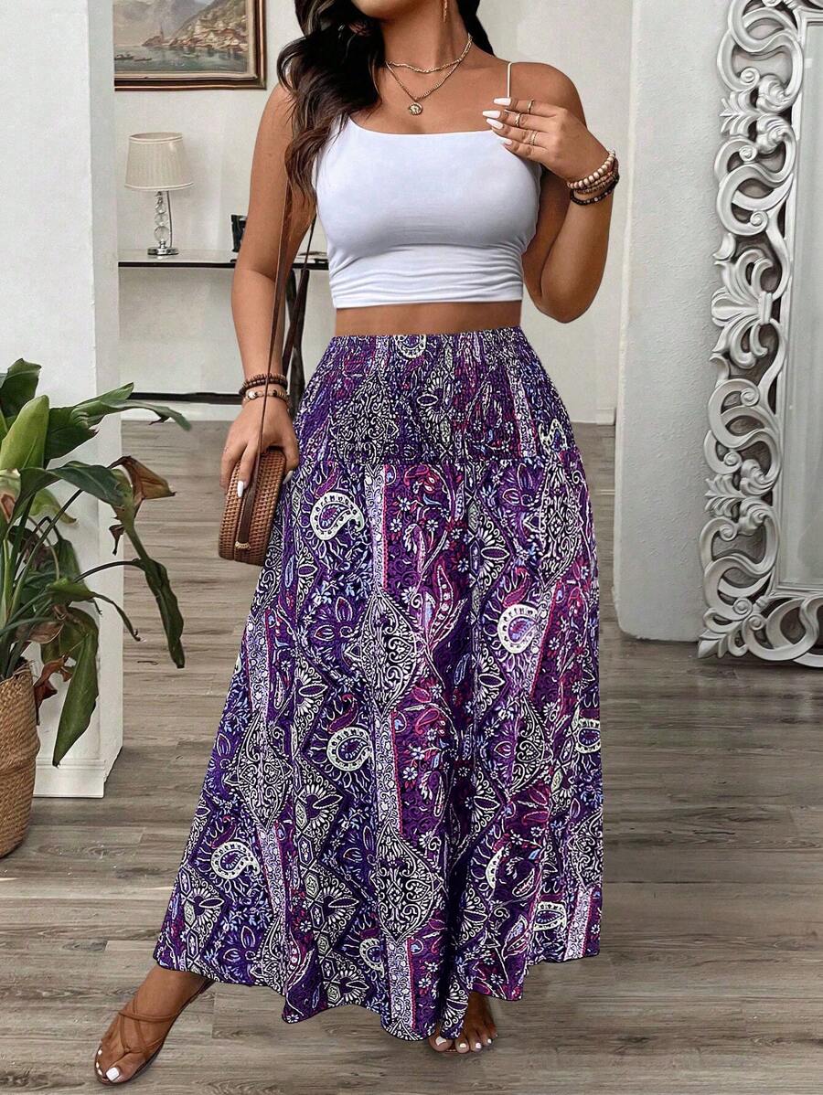 تنورة ماكسي للنساء البدينات بطبعة زهرية وباهيّة متدرجة الأطراف