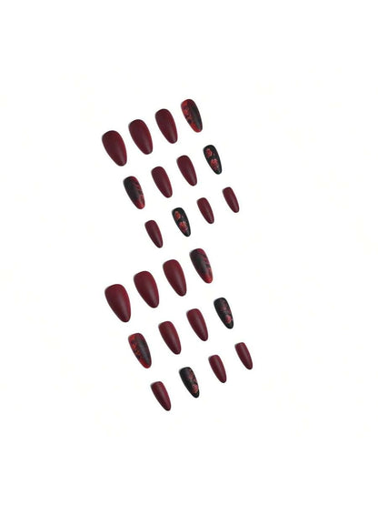 أظافر مطبوعة بزهور الورد البورغندي بشكل لوز للنساء