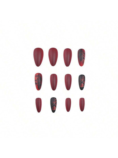 أظافر مطبوعة بزهور الورد البورغندي بشكل لوز للنساء