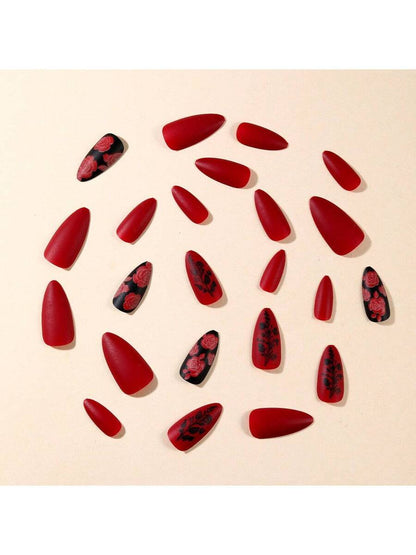 أظافر مطبوعة بزهور الورد البورغندي بشكل لوز للنساء