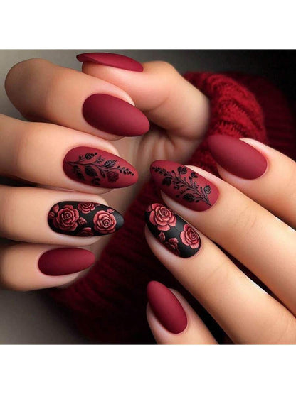 أظافر مطبوعة بزهور الورد البورغندي بشكل لوز للنساء