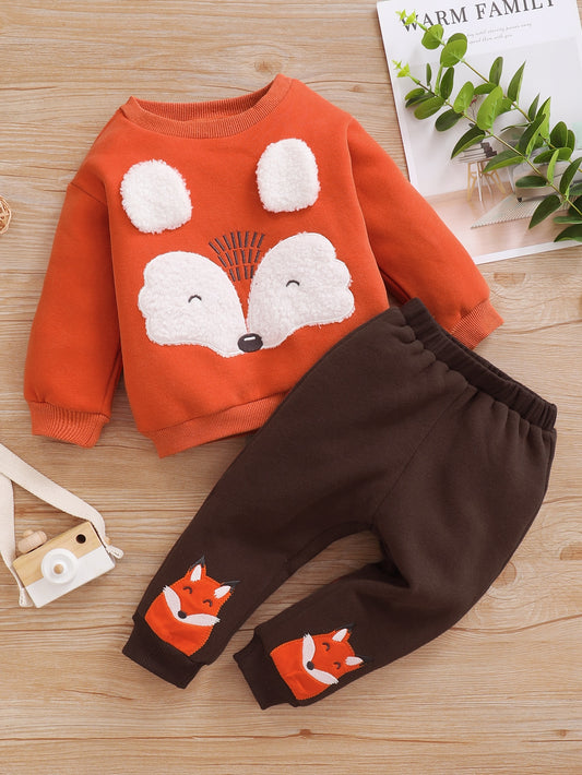 بنطلون رياضي مع بلوفر بنمط مطرز ثعلب للرضع