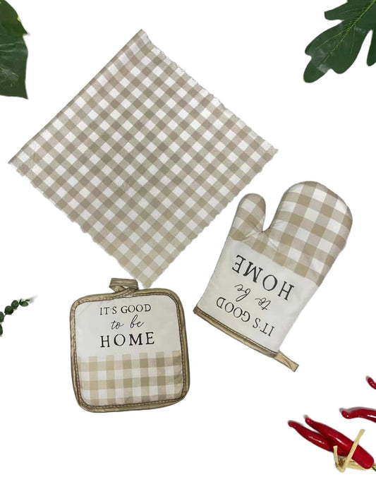 قفازات فرن قطعة واحدة نمط قطني مقلم و قطعة واحدة وسادة عزل و قطعة واحدة منشفة