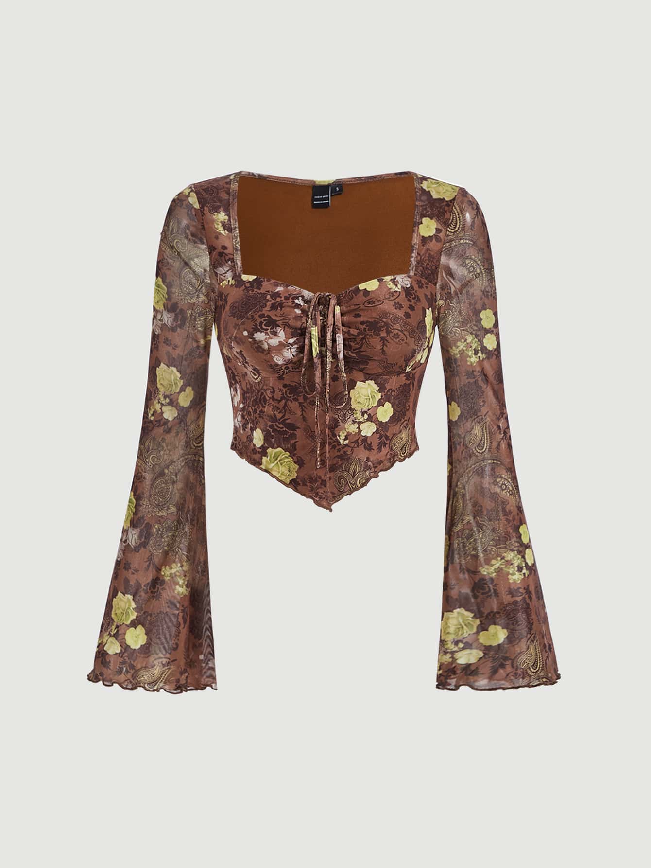 تي شيرت قصير طباعة الأزهار ربطة امامية اكمام منتفضة حافة منديل