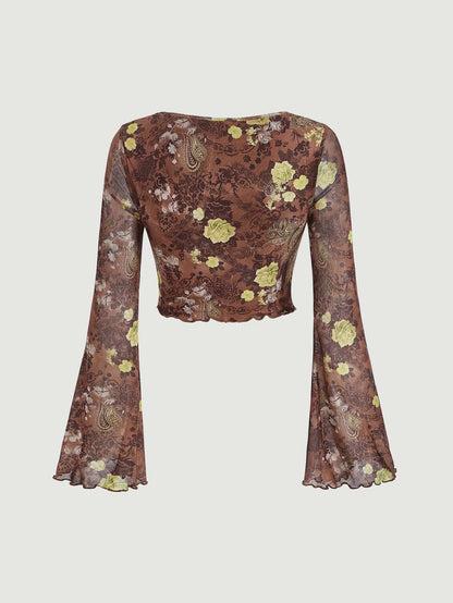 تي شيرت قصير طباعة الأزهار ربطة امامية اكمام منتفضة حافة منديل