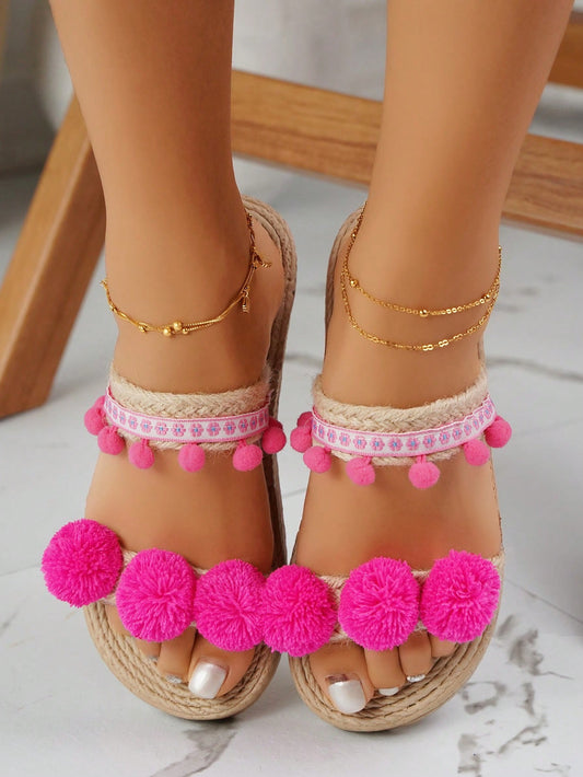 صنادل مسطح مزخرف بكرات مخملية تفاصيل محبوك عطلة الصيف نساء