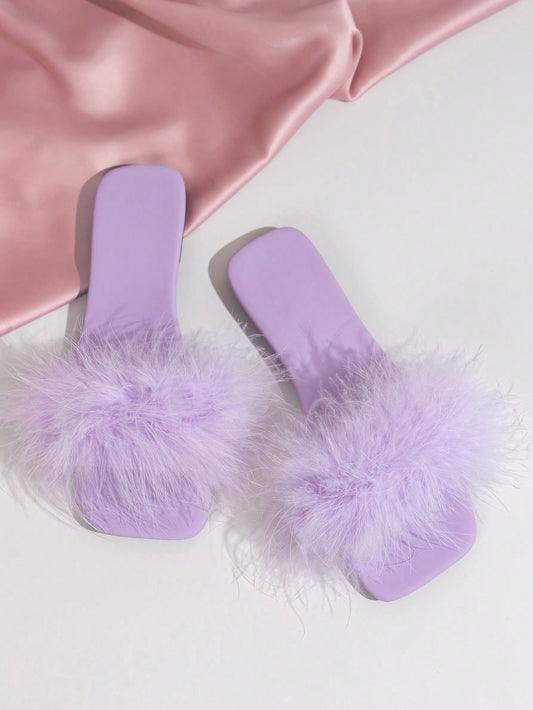 صنادل سلايد مزخرف زغبي مسطح براقة أرجواني نساء