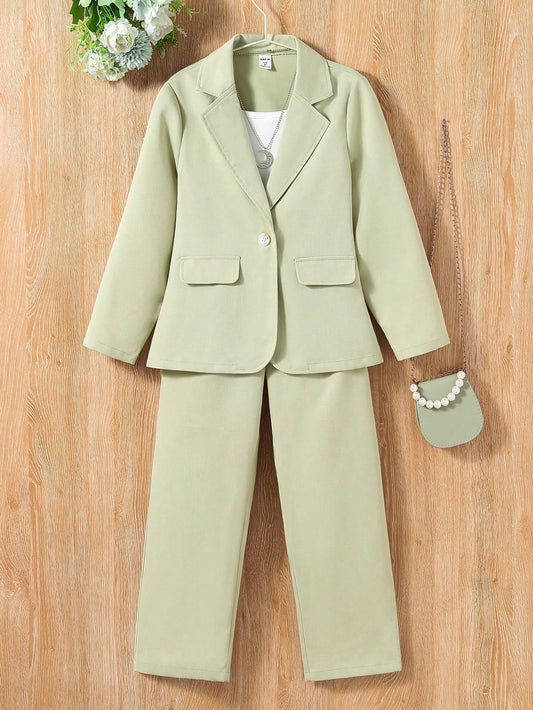 زي بليزر وبنطلون بياقة مدببة متجانس للفتيات المراهقات