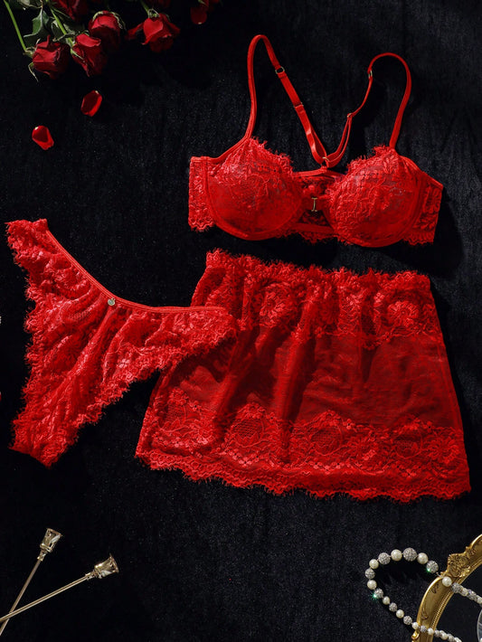 طقم ملابس داخلية دانتيل زهري حلقة معدني