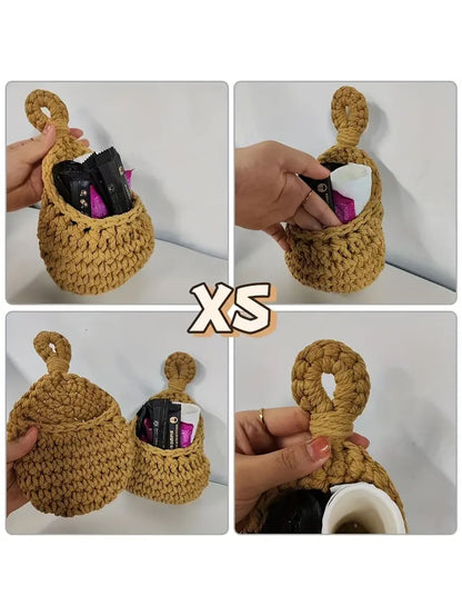 سلة معلقة جدران مضفرة على الطراز البوهيمي، سلة يدوية مضفرة للخضروات والفواكه في المطبخ لديكور بوهو في شكل دمعة للتخزين وزراعة النباتات وتنظيم الحاويات