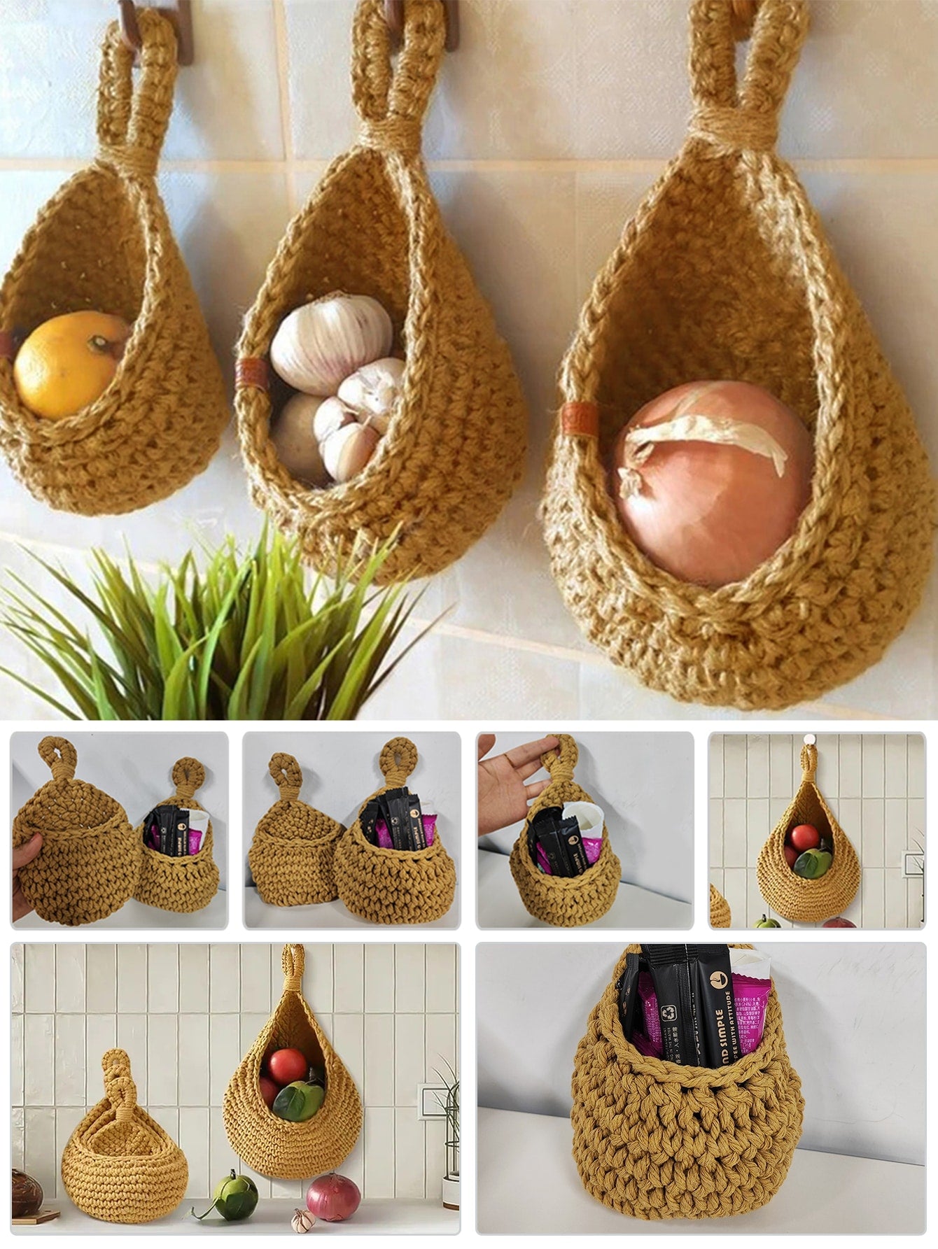 سلة معلقة جدران مضفرة على الطراز البوهيمي، سلة يدوية مضفرة للخضروات والفواكه في المطبخ لديكور بوهو في شكل دمعة للتخزين وزراعة النباتات وتنظيم الحاويات