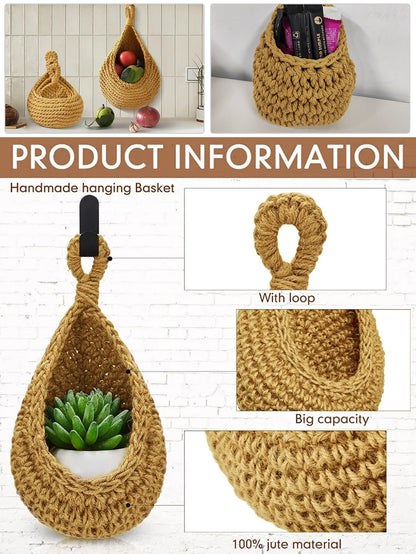 سلة معلقة جدران مضفرة على الطراز البوهيمي، سلة يدوية مضفرة للخضروات والفواكه في المطبخ لديكور بوهو في شكل دمعة للتخزين وزراعة النباتات وتنظيم الحاويات