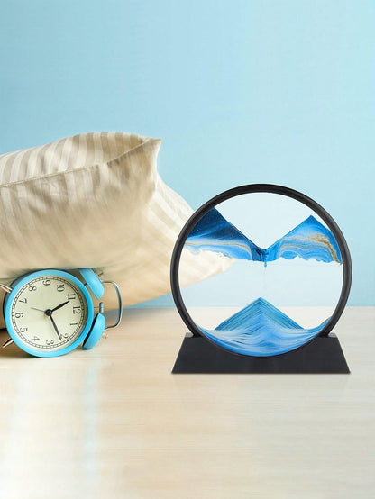 فن الرمل المتحرك ثلاثي الأبعاد المزخرف بالزجاج المناسب لديكور المكتب أو المنزل، اطار صورة الساعة الرملية الديناميكية الزرقاء المحيطية - صورة رملية مكتبية