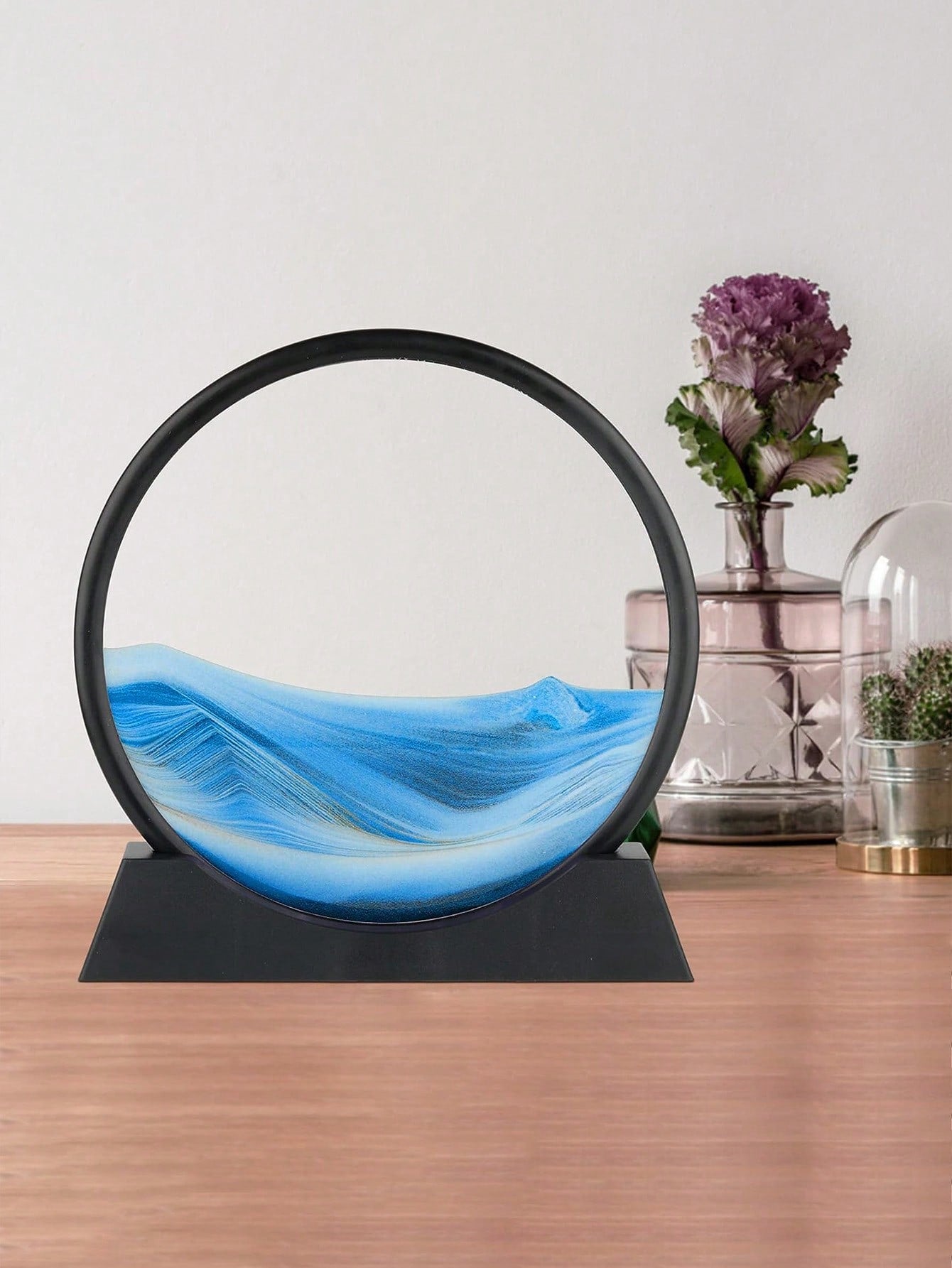 فن الرمل المتحرك ثلاثي الأبعاد المزخرف بالزجاج المناسب لديكور المكتب أو المنزل، اطار صورة الساعة الرملية الديناميكية الزرقاء المحيطية - صورة رملية مكتبية