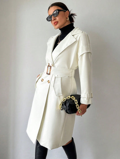 معطف مطر بياقة مطوي مسنن صف ازرار مزدوجة حزام