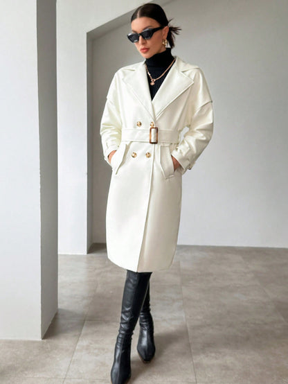 معطف مطر بياقة مطوي مسنن صف ازرار مزدوجة حزام