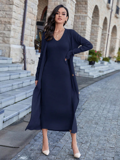 موحدة اللون فستان صوف تانك & أزرار أمامية كارديجان