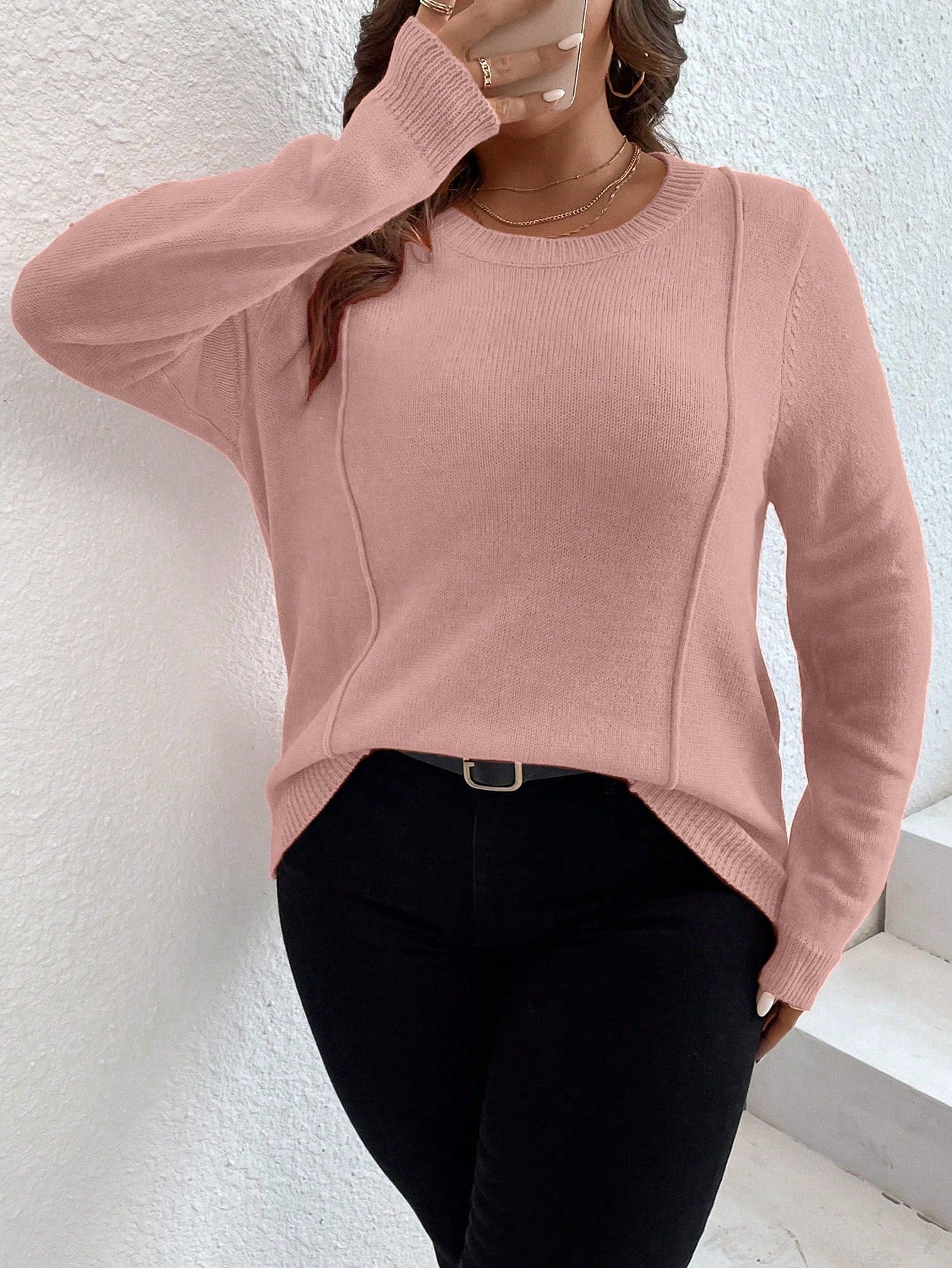 كنزة صوف مدرز تفاصيل مقاس كبير