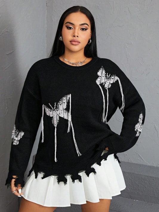 لباس علوي صوف ممزق جرافيك الفراشة منخفض الاكتاف