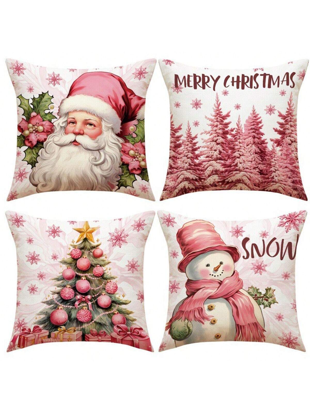 مجموعة من 4 أغطية وسائد من البوليستر تحت عنوان عيد الميلاد (سانتا كلوز، الرنة، مزلقة، شجرة عيد الميلاد، رجل الثلج)، حشوات الوسادة غير متضمنة