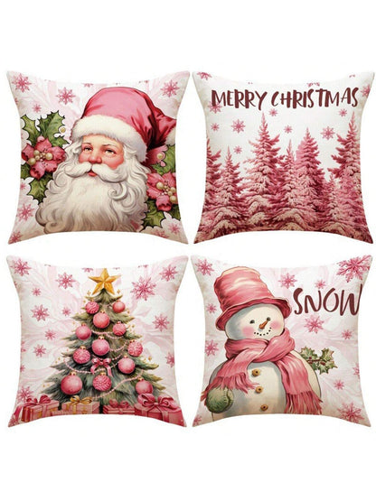 مجموعة من 4 أغطية وسائد من البوليستر تحت عنوان عيد الميلاد (سانتا كلوز، الرنة، مزلقة، شجرة عيد الميلاد، رجل الثلج)، حشوات الوسادة غير متضمنة