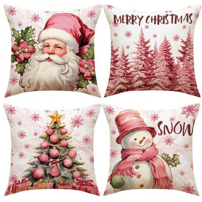 مجموعة من 4 أغطية وسائد من البوليستر تحت عنوان عيد الميلاد (سانتا كلوز، الرنة، مزلقة، شجرة عيد الميلاد، رجل الثلج)، حشوات الوسادة غير متضمنة