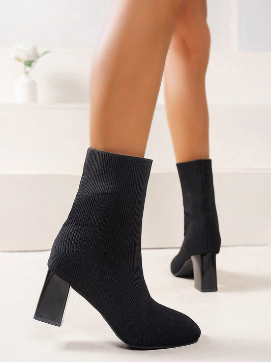 للنساء كعب عالي منسوج سميك امتداد مرن جزمة برقبة طويلة , الموضة جزمة برقبة طويلة