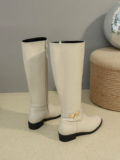 جزمة الركبة للنساء , أنيق لون اللوز جزمة برقبة طويلة مع ميتالك مشبك زخارف , سحاب جانبي , متعدد الجوانب والاستعمالات جزمة عالية الى خريف و الشتاء , باصابع قدم دائري , مكتنز كعب , مريح , أنيق للنساء جزمة ركأس الخيل