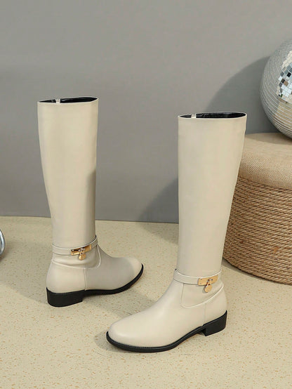 جزمة الركبة للنساء , أنيق لون اللوز جزمة برقبة طويلة مع ميتالك مشبك زخارف , سحاب جانبي , متعدد الجوانب والاستعمالات جزمة عالية الى خريف و الشتاء , باصابع قدم دائري , مكتنز كعب , مريح , أنيق للنساء جزمة ركأس الخيل